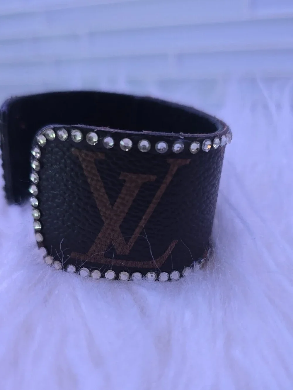 Designer-Style Brown Monogram Leather Cuff Bracelet with Crystal Trim